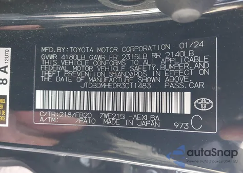 2024 Toyota Corolla Hybrid Le z USA, uszkodzony, nr VIN JTDBDMHE0R3011483